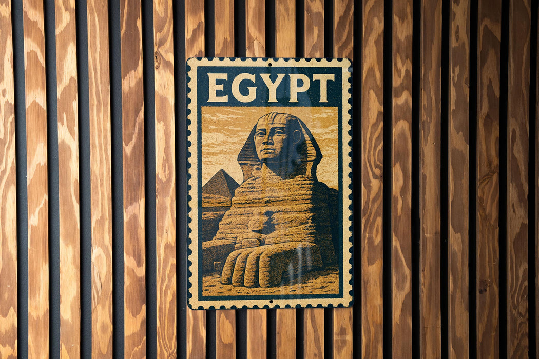 A metal sign with the word "EGYPT" on it, featuring an illustration of the Great Sphinx of Giza.