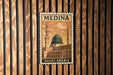 A vintage postage stamp featuring the Prophet's Mosque in Medina, Saudi Arabia, with the text "MEDINA SAUDI ARABIA" prominently displayed.