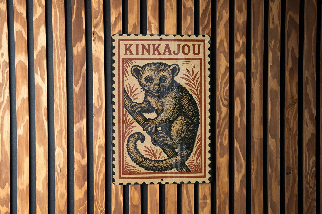 A wooden wall with a framed image of a kangaroo, which appears to be a postage stamp or a decorative piece.