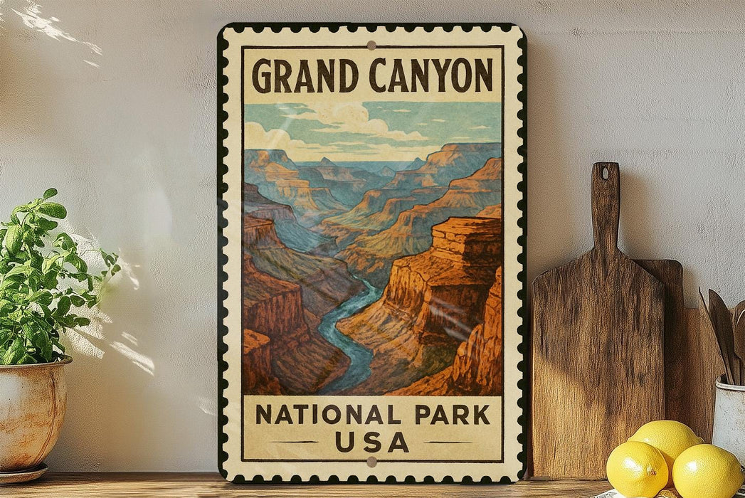 A vintage-style metal sign for the Grand Canyon National Park, featuring a colorful illustration of the iconic canyon landscape.