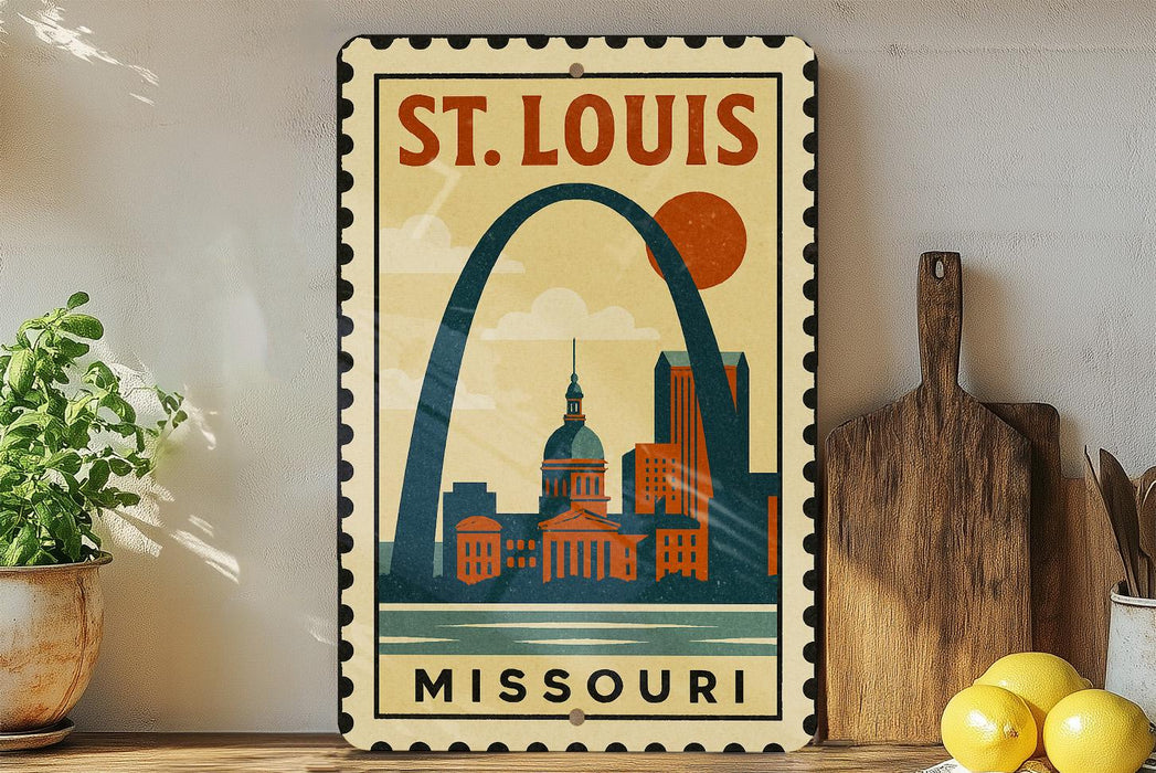 A vintage-style metal sign depicting St. Louis, Missouri, with a city skyline and the text "ST. LOUIS MISSOURI" prominently displayed.
