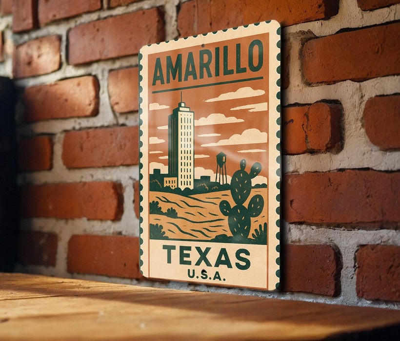 A vintage-style metal sign with the text "AMARILLO TEXAS U.S.A." displayed on a brick wall.