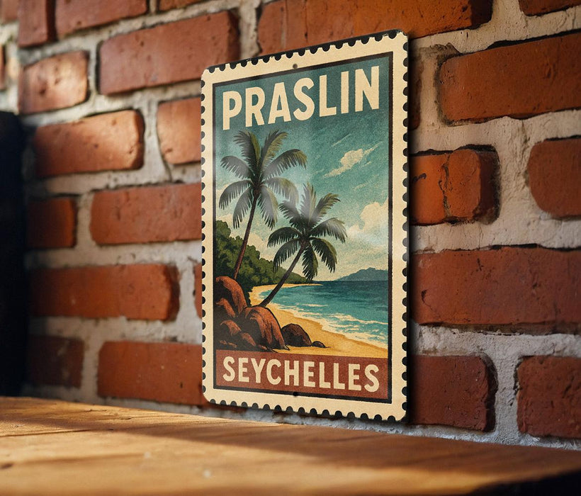 A vintage-style poster of a tropical beach scene with palm trees and a blue sky, hanging on a brick wall.