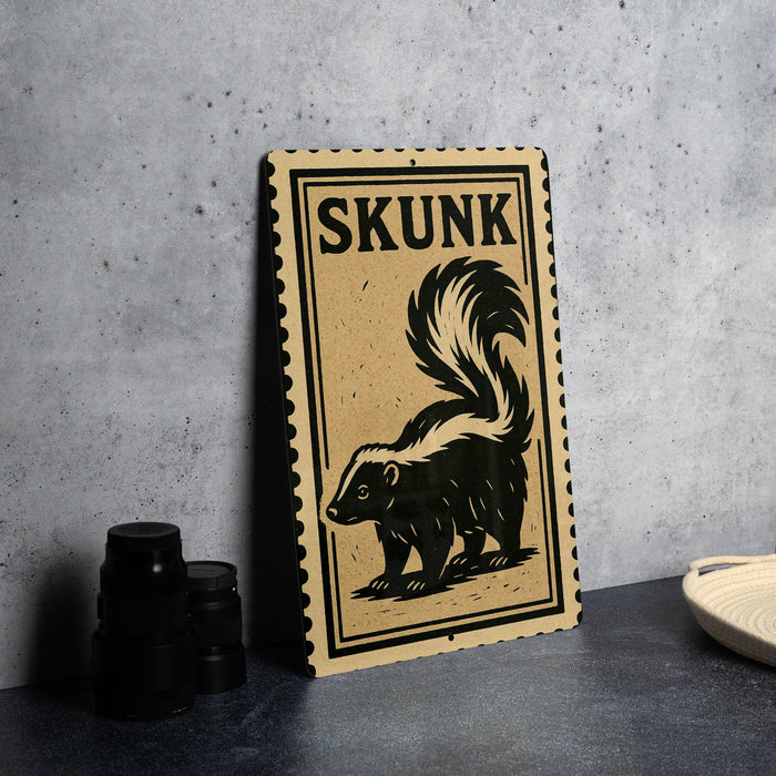 a wooden sign with a black and white illustration of a skunk, placed on a gray countertop next to some black camera lenses.
