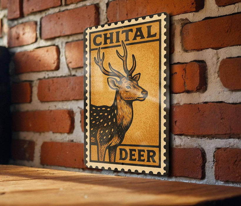 a wooden table with a framed poster of a deer on it, mounted on a brick wall.