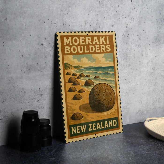 A vintage-style metal sign for the Moeraki Boulders in New Zealand, featuring a beach scene with large boulders and a soccer ball.