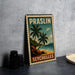 A vintage-style metal sign with a tropical beach scene and palm trees, featuring the text "PRASLIN SEYCHELLES" on the sign.