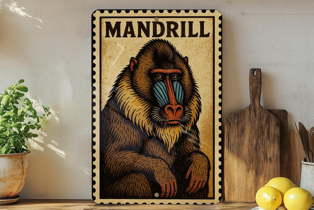 a framed illustration of a mandrill, a type of primate, on a wooden surface.