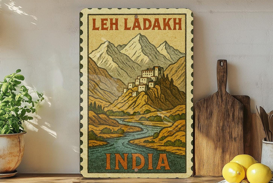 A framed vintage-style poster depicting a mountainous landscape with a small village or town in the center, surrounded by a winding river. The poster is titled "LEH LADAKH" and "INDIA", suggesting it is a travel poster for India. The poster is displayed on a wall next to a wooden cutting board and a potted plant, creating a cozy, homey atmosphere.