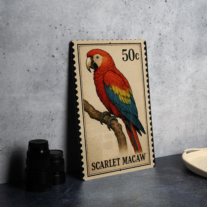 A colorful postage stamp featuring a vibrant parrot, specifically a macaw, perched on a branch.