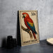 A colorful postage stamp featuring a vibrant parrot, specifically a macaw, perched on a branch.