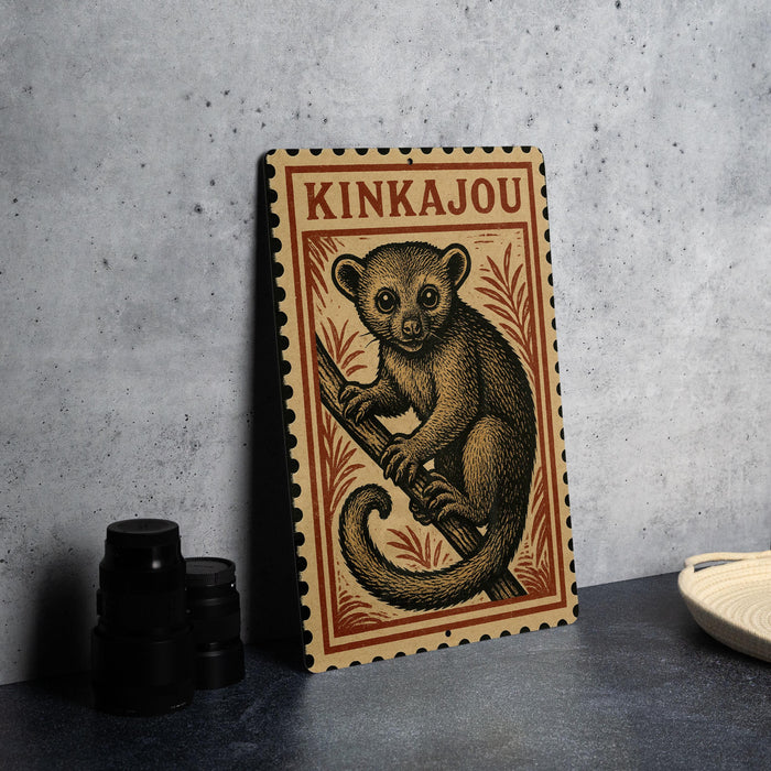 A wooden postcard featuring a tarsier, a small primate, is displayed on a table next to some black camera lenses.
