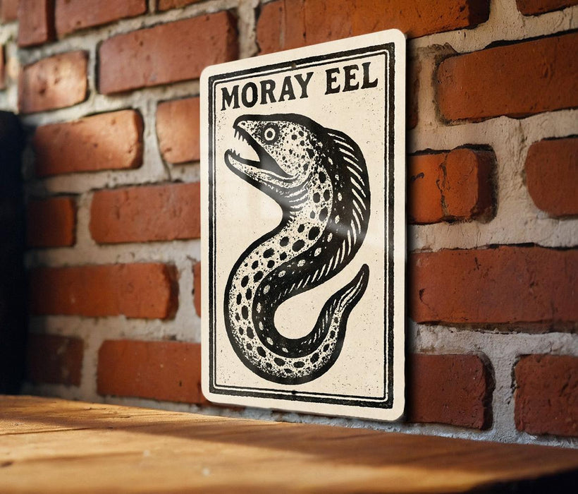 A metal sign with a black and white illustration of a fish, mounted on a brick wall.