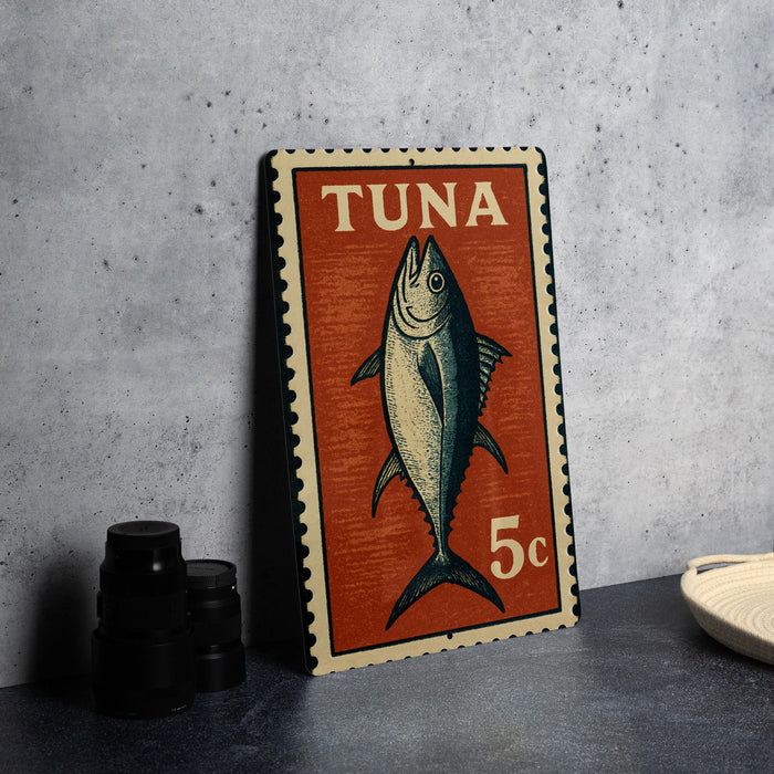 a Tuna stamp with a fish illustration, placed on a table next to some black camera lenses.