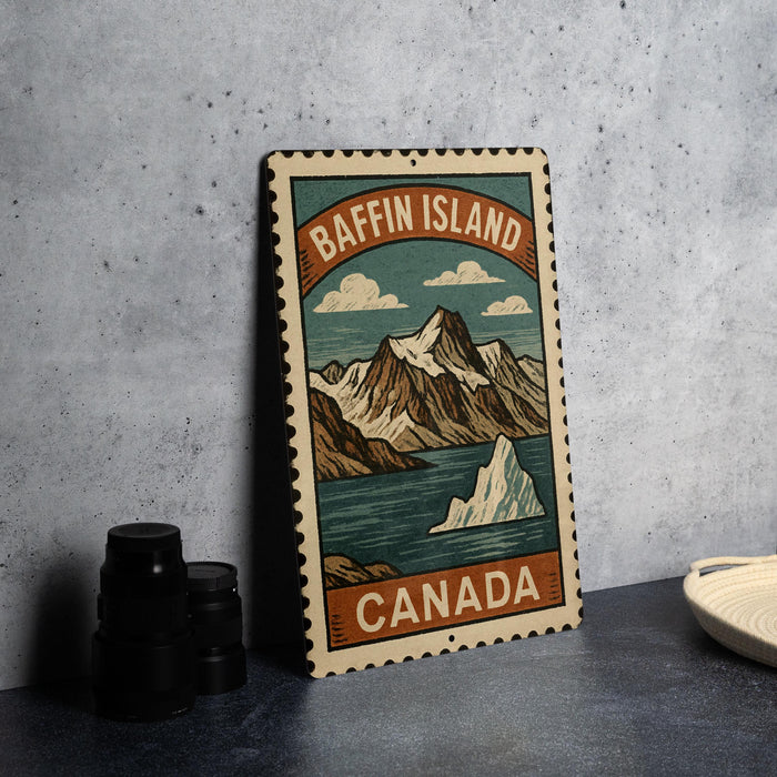A metal sign with a mountain landscape and the text "Baffin Island Canada" is displayed on a table.
