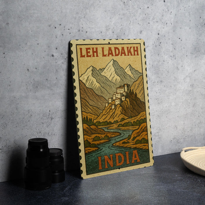 A vintage-style poster of Leh Ladakh, a famous mountain range in the Himalayas, with a small village nestled in the valley below. The poster is framed and placed on a gray countertop, with a stack of black camera lenses and a white plate visible to the side.