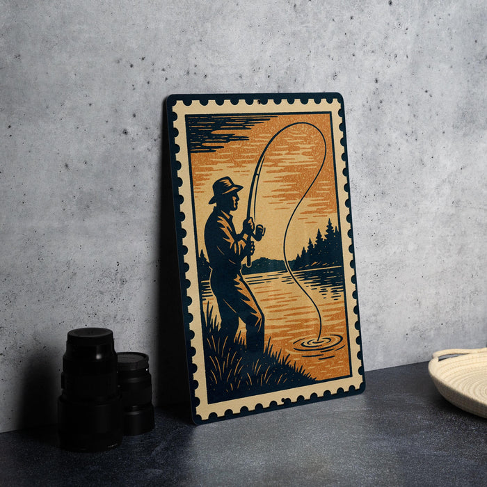 A framed illustration of a man fishing on a lake, with a vintage-style design, is displayed on a wall next to some black camera lenses.