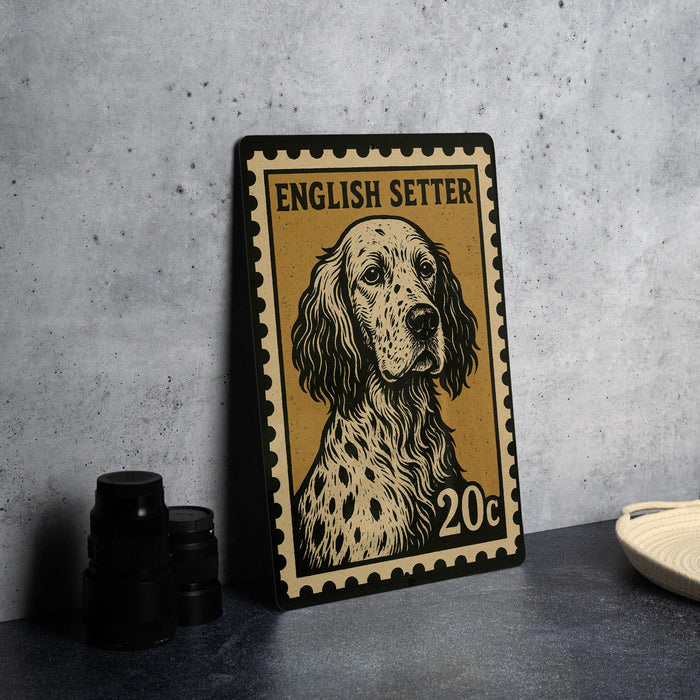 A metal stamp featuring an illustration of an English Setter dog, with the text "ENGLISH SETTER" and "20c" printed on it.