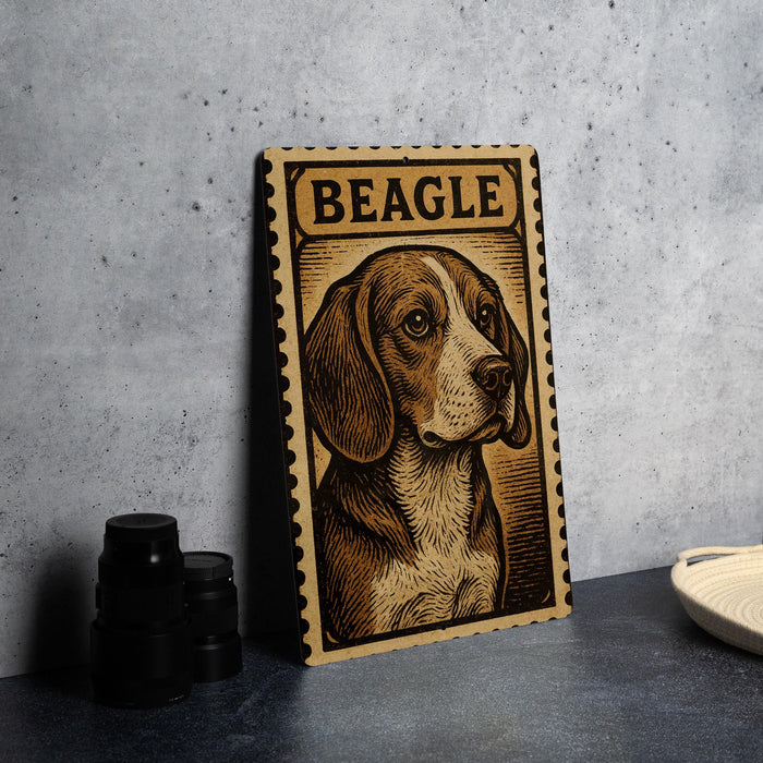 a wooden frame with a detailed illustration of a beagle dog, and the word "BEAGLE" is written above the dog's head.
