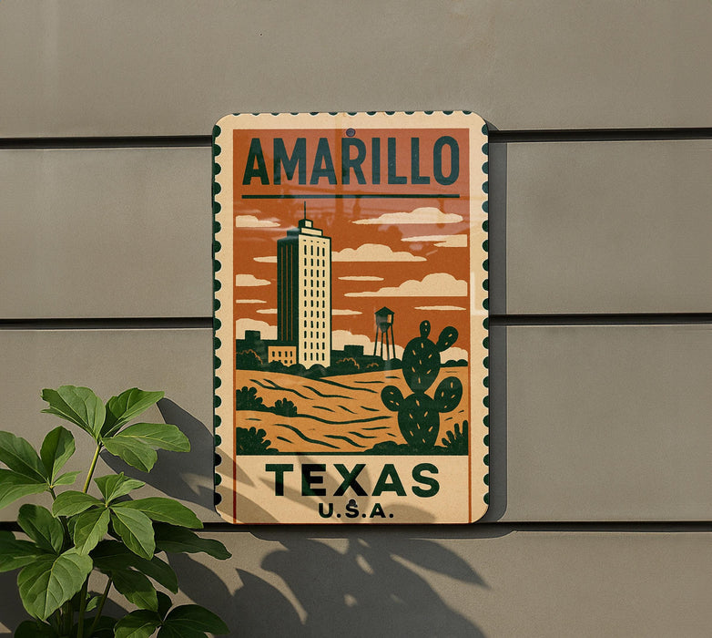 A vintage-style metal sign with the text "AMARILLO TEXAS U.S.A." displayed on it, featuring an illustration of a tall building and cacti against a desert landscape.