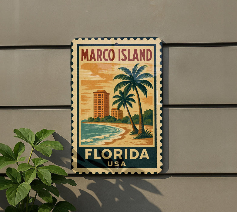 A vintage-style metal sign with a tropical beach scene and palm trees, mounted on a wall.