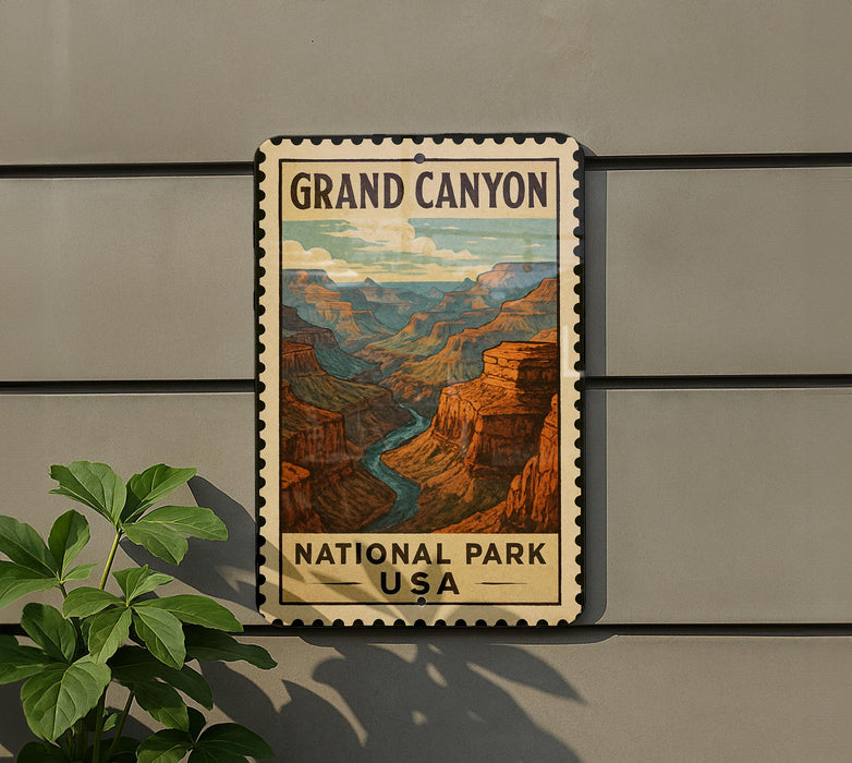 A vintage-style metal sign for Grand Canyon National Park, featuring a colorful illustration of the canyon landscape.