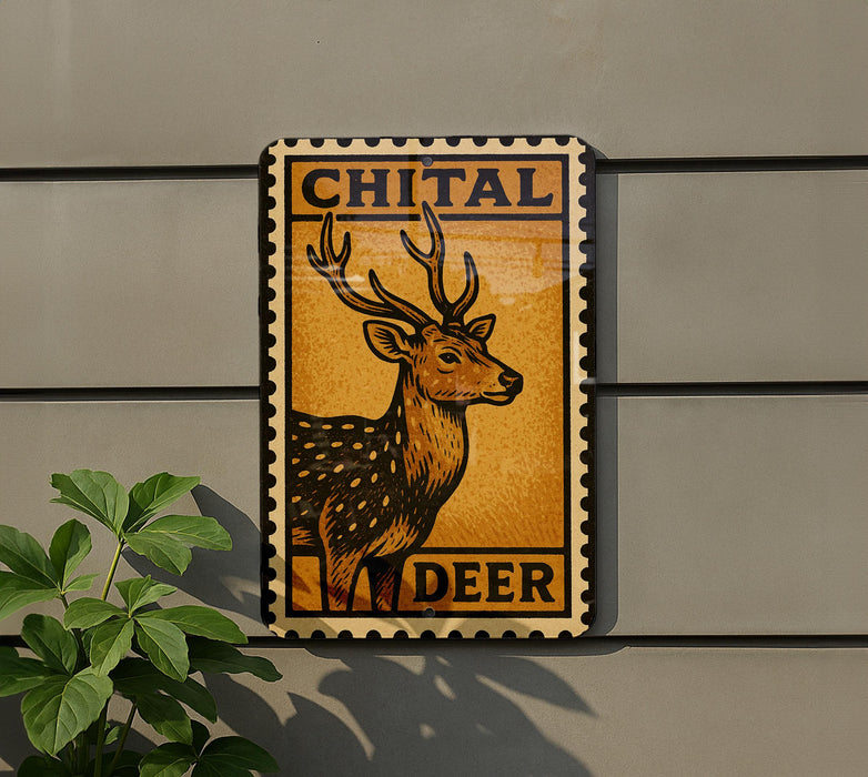 a deer stamp on a wall, with the word "CHITAL" and "DEER" printed on it.