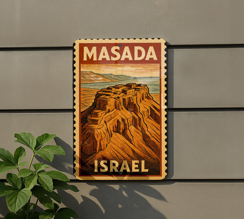 A vintage-style metal sign with the text "MASADA ISRAEL" and an illustration of a desert landscape with a mountain in the background.