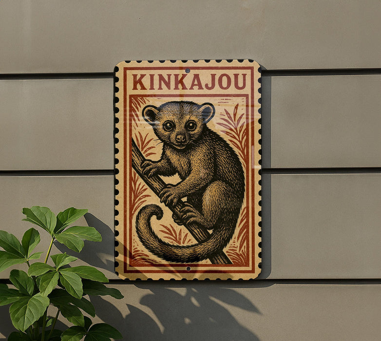 a wooden sign with a picture of a tarsier, a small primate, mounted on a wall.