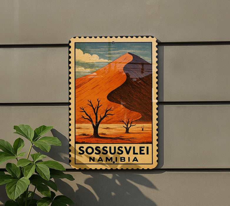 A vintage-style postage stamp depicting a desert landscape with a mountain in the background, mounted on a wall next to a plant.