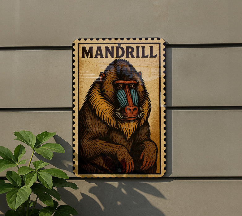 A framed illustration of a mandrill, a type of primate, is displayed on a wall.