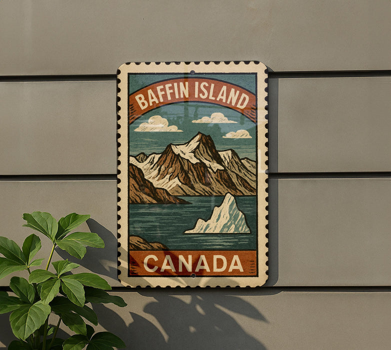 A vintage-style metal sign with a mountain landscape and a small island, mounted on a wall.
