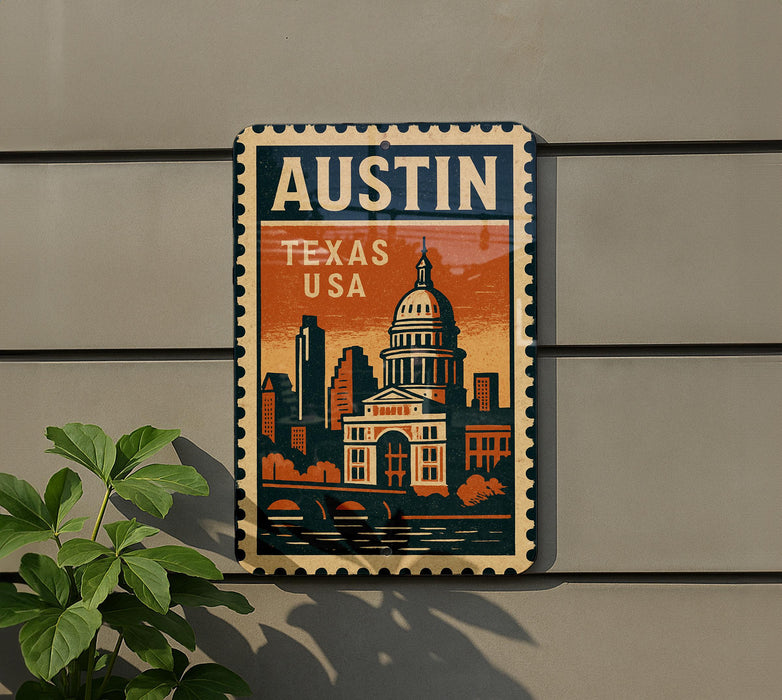 A vintage-style metal sign with the word "AUSTIN" and "TEXAS USA" printed on it, featuring an illustration of the Texas State Capitol building.