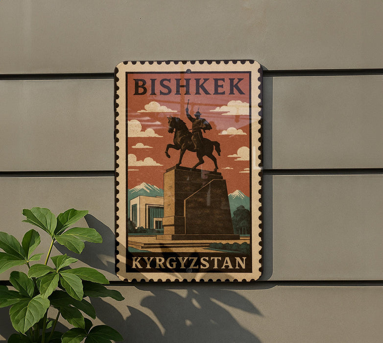 A vintage-style metal sign with the text "BISHKÉK" and "Kyrgyzstan" displayed on it, mounted on a wall.