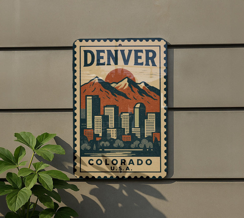 A vintage-style metal sign with a mountain and cityscape design, mounted on a wall.