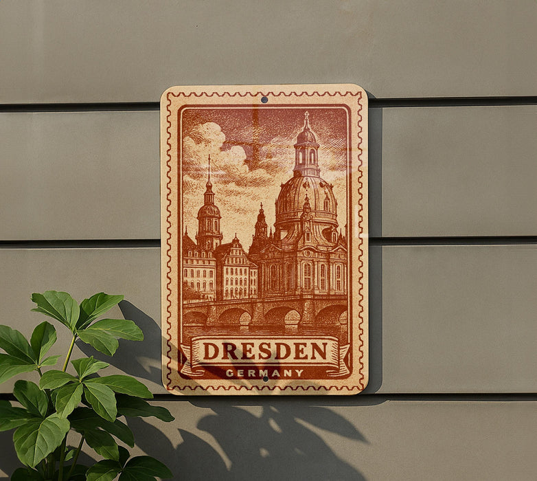 A sign depicting the city of Dresden, Germany, with a detailed illustration of the city's architecture and landmarks.