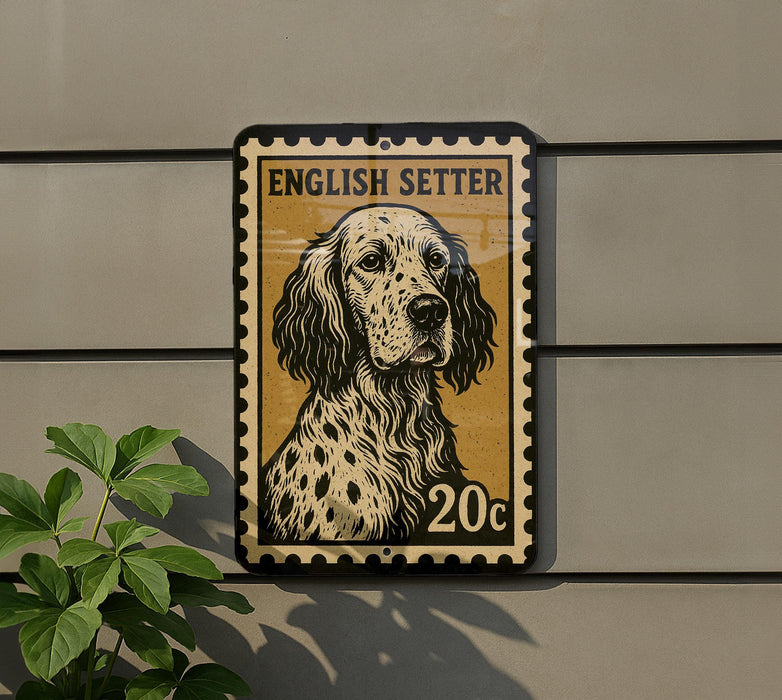 a dog, specifically an English Setter, depicted in a stamp-like design on a wall.