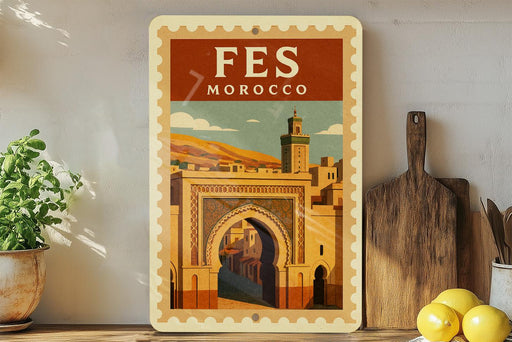 a vintage-style poster of the Fes, a famous landmark in Morocco, displayed on a wall next to a wooden cutting board and some potted plants.