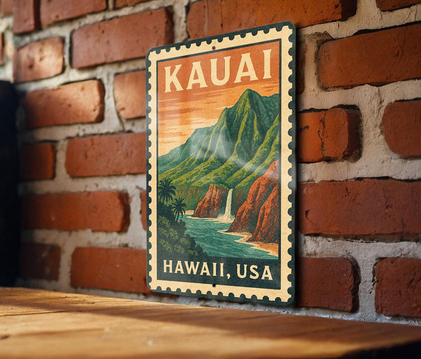 A vintage-style metal sign with the text "HAWAII, USA" and an illustration of a mountainous landscape with a waterfall.