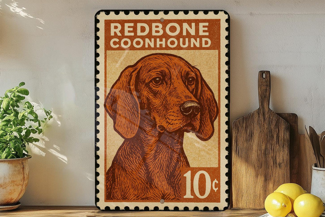 a vintage-style stamp with a redbone coonhound illustration, placed on a shelf next to a wooden cutting board and some lemons.
