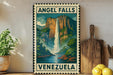 A vintage-style poster of Angel Falls, the world's highest uninterrupted waterfall, is displayed on a wall next to a wooden cutting board and some potted plants.