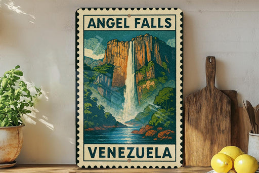 A vintage-style poster of Angel Falls, the world's highest uninterrupted waterfall, is displayed on a wall next to a wooden cutting board and some potted plants.