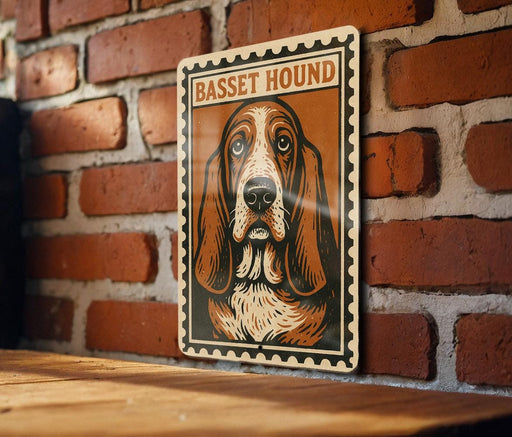 A metal sign featuring a close-up of a Basset Hound's face, mounted on a brick wall.