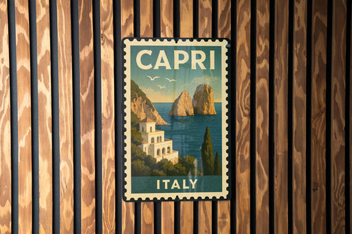 A vintage-style postage stamp depicting the Capri island in Italy, with a wooden background.