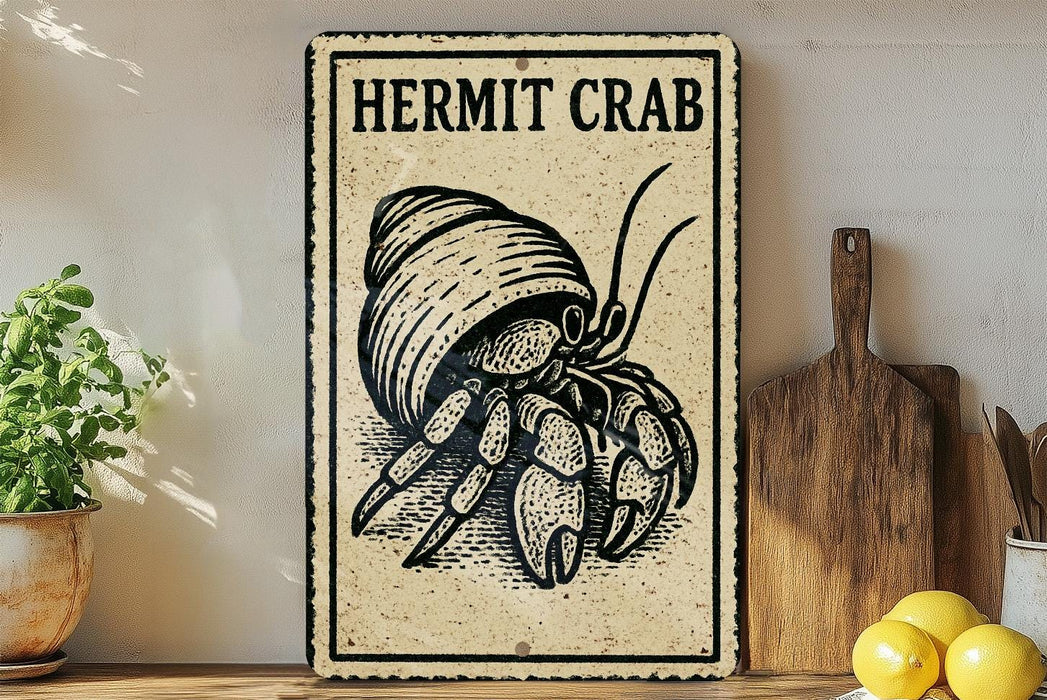 A vintage-style metal sign with a drawing of a hermit crab is displayed on a wooden shelf, accompanied by a potted plant, a cutting board, and some lemons.