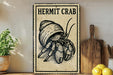 A vintage-style metal sign with a drawing of a hermit crab is displayed on a wooden shelf, accompanied by a potted plant, a cutting board, and some lemons.