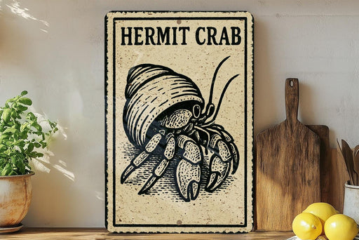 A vintage-style metal sign with a drawing of a hermit crab is displayed on a wooden shelf, accompanied by a potted plant, a cutting board, and some lemons.