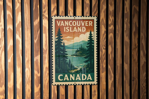 A vintage-style metal sign with the text "VANCOUVER ISLAND CANADA" is displayed on a wooden wall.