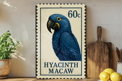A postage stamp featuring a blue parrot, with the text "HYACINTH MACAW" printed on it.