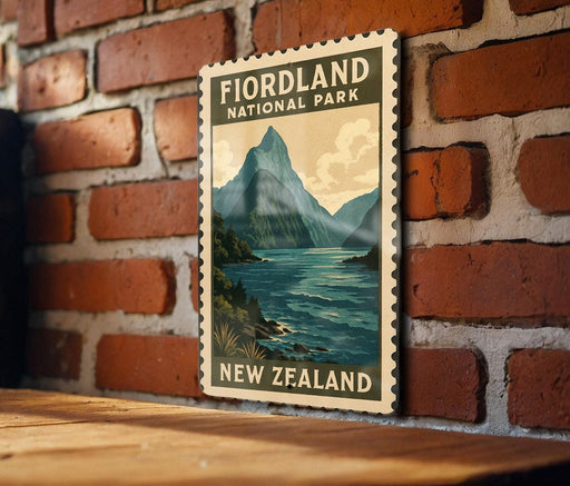 a vintage-style poster of Fiordland National Park in New Zealand, displayed on a brick wall.